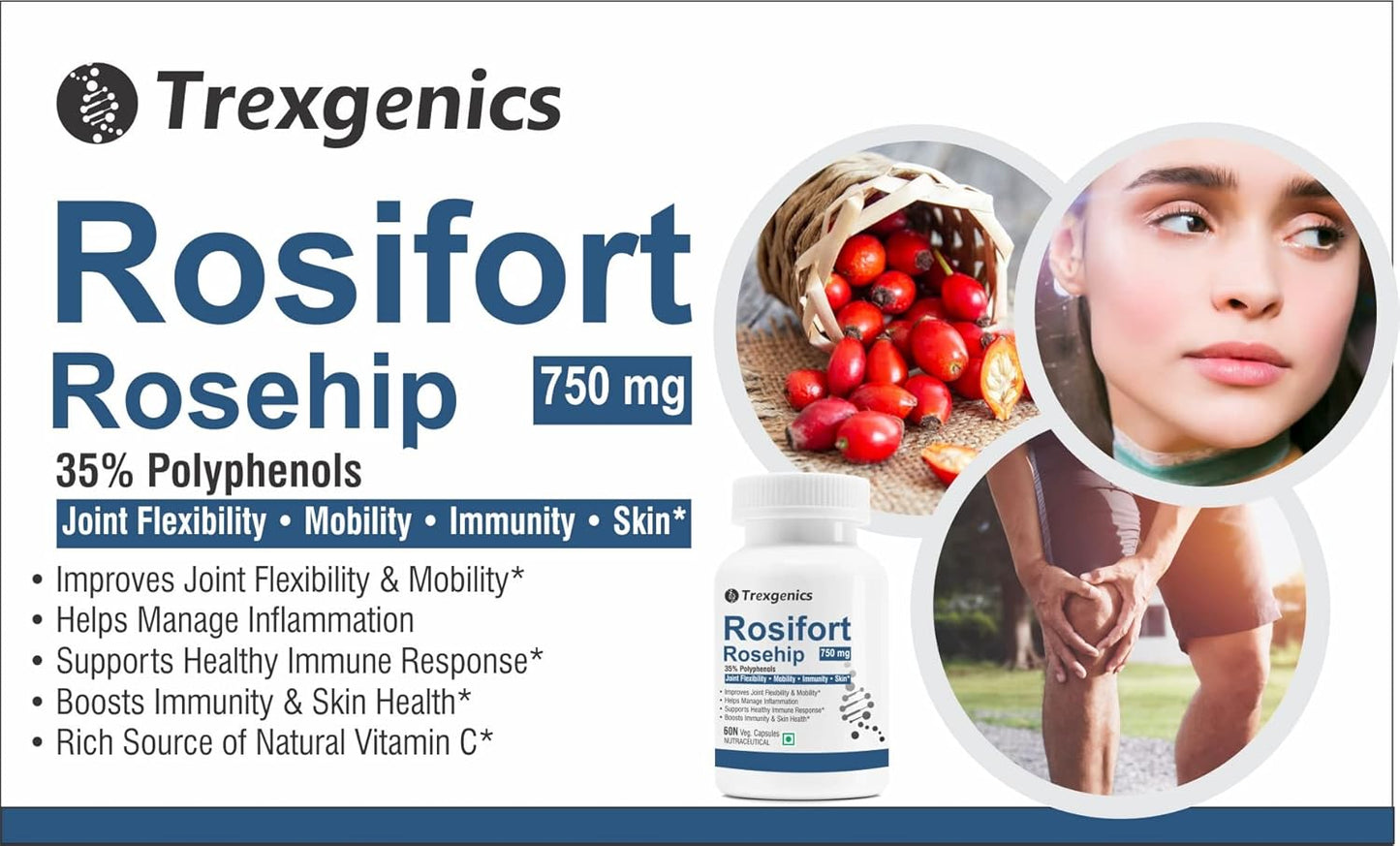 Trexgenics ROSIFORTE Rosehip 35% Polyphenols 750 mg Immunity, Skin, Joint Pain Support VEGAN & NON-GMO (60 Veg. Capsules) (Pack of 1)