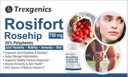 Trexgenics ROSIFORTE Rosehip 35% Polyphenols 750 mg Immunity, Skin, Joint Pain Support VEGAN & NON-GMO (60 Veg. Capsules) (Pack of 1)