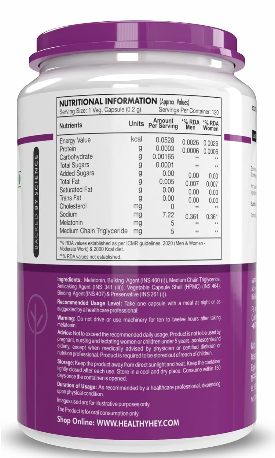 HealthyHey Nutrition Melatonin 120 vegetable capsules 5mg - Promotes Sleep and Relaxation