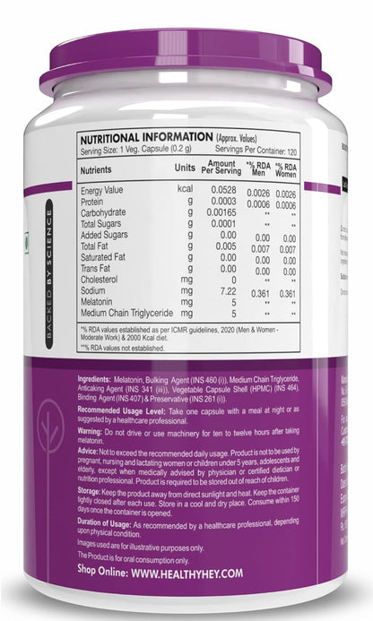 HealthyHey Nutrition Melatonin 120 vegetable capsules 5mg - Promotes Sleep and Relaxation