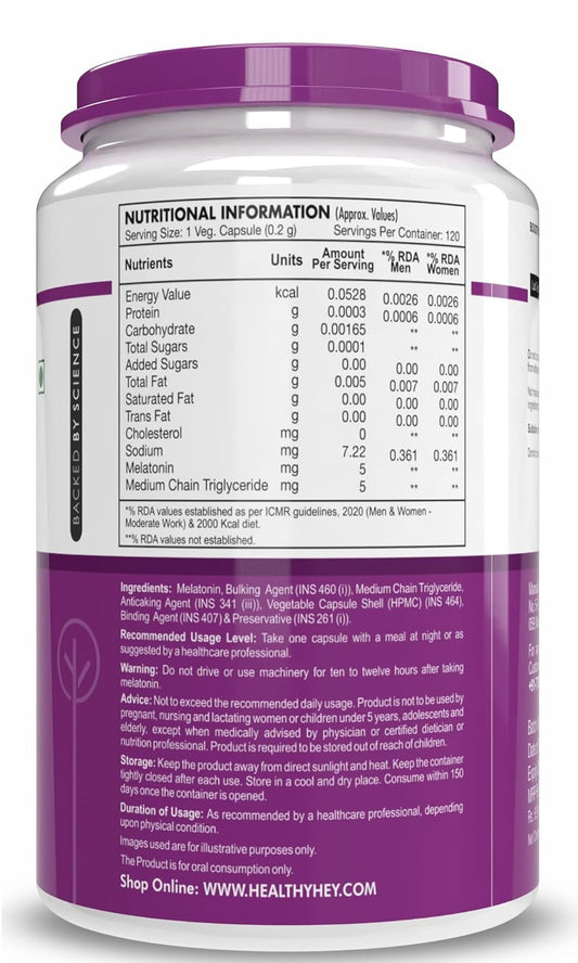 HealthyHey Nutrition Melatonin 120 vegetable capsules 5mg - Promotes Sleep and Relaxation