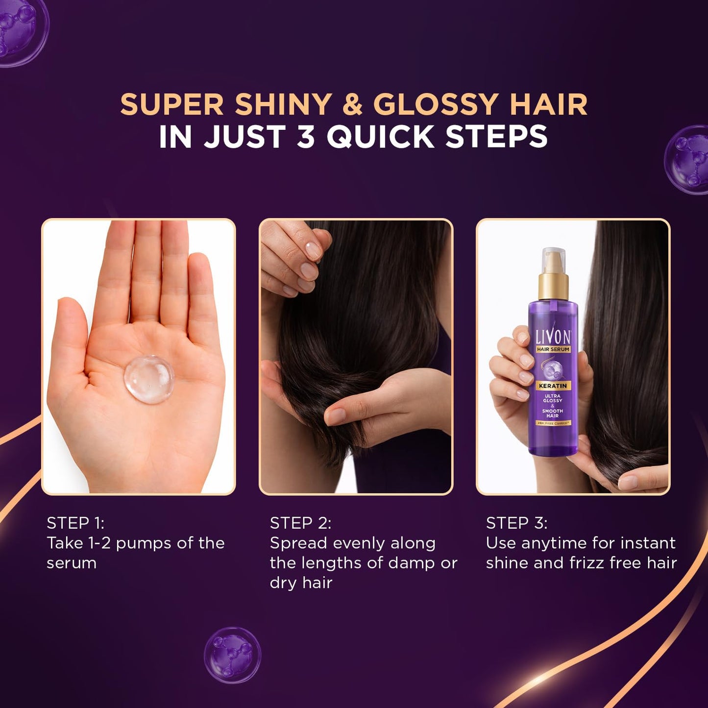 Livon Keratin Hair Serum for Women & Men | Ultra Glossy & Smooth Hair | 48Hr Frizz Control | Hair Serum for Dry, Rough & Damaged Hair | 48ml