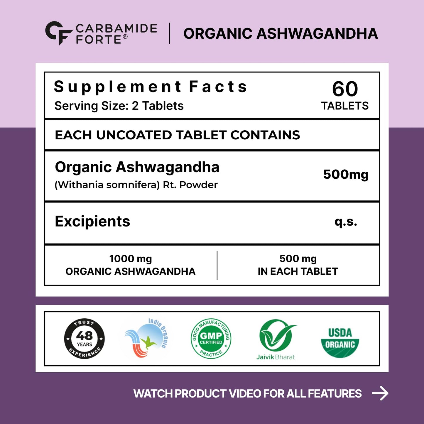 Carbamide Forte Ashwagandha Tablets 1000mg | Organic Ashwagandha Powder Supplements for Men & Women for Stress And Anxiety Relief | Organic Tablets | 60 Tablets