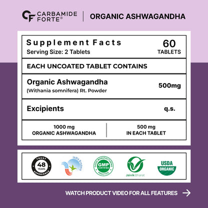 Carbamide Forte Ashwagandha Tablets 1000mg | Organic Ashwagandha Powder Supplements for Men & Women for Stress And Anxiety Relief | Organic Tablets | 60 Tablets