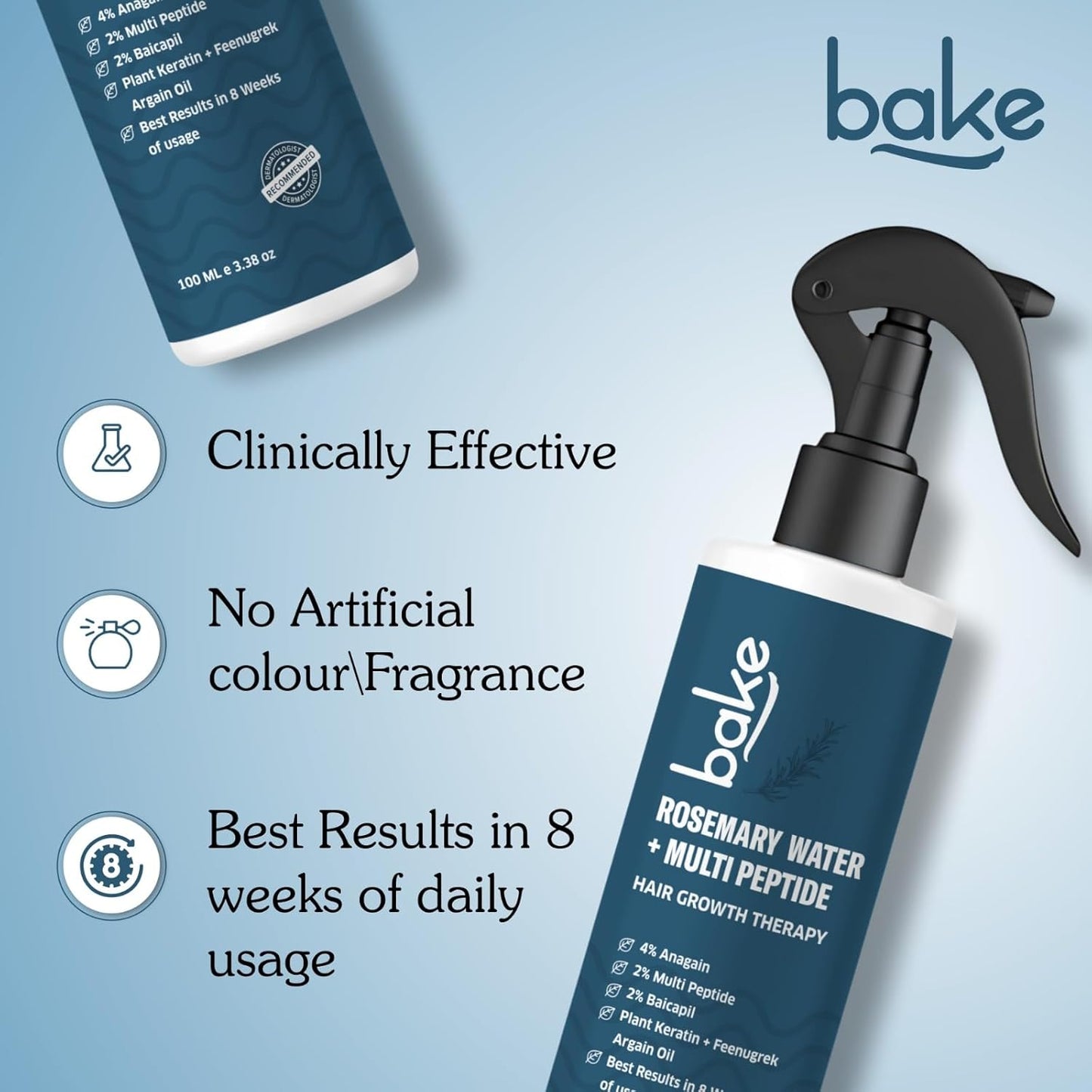 BAKE Rosemary Water Hair Growth Spray with Multi Peptides for Hair Fall Control & Hair Growth | 4% Anagain, 2% Baicapil, Plant Keratin | For Keratin Treated & Damaged Hair | 100ml
