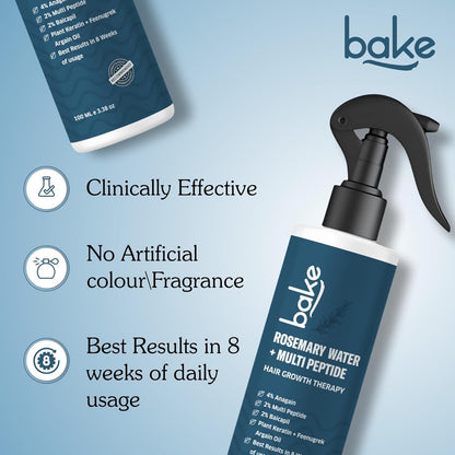 BAKE Rosemary Water Hair Growth Spray with Multi Peptides for Hair Fall Control & Hair Growth | 4% Anagain, 2% Baicapil, Plant Keratin | For Keratin Treated & Damaged Hair | 100ml