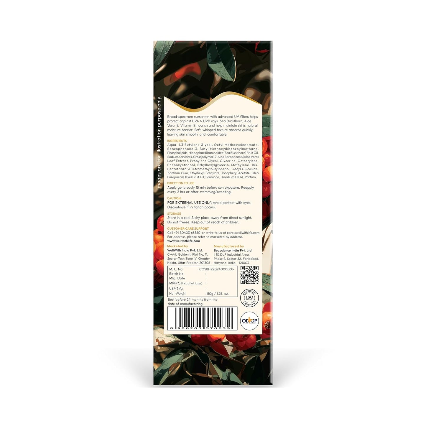 WellWith SPF 50 PA ++++ Whipped Sunscreen with Sea Buckthorn , Aloe Vera , Vitamin E | Broad Spectrum UVA & UVB Protection | Hyper Pigmentation , Lightweight, Hydrating , Non-Greasy | Daily Sunscreen for All Skin Types | 50gm