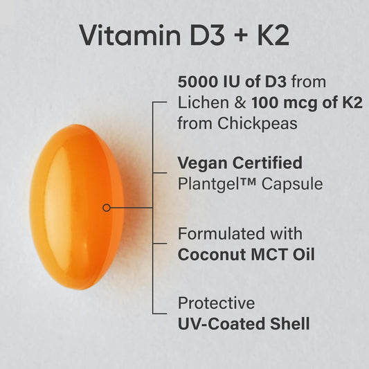 Sports ResearchÂ® Vitamin D3 + K2 w/ Coconut Oil - Vegan Vitamin D 5000iu & Mk7 Vitamin K 100mcg for Bone & Immune Support - Vegan Certified Â· Non-GMO Â· Soy Free - 60 Softgels
