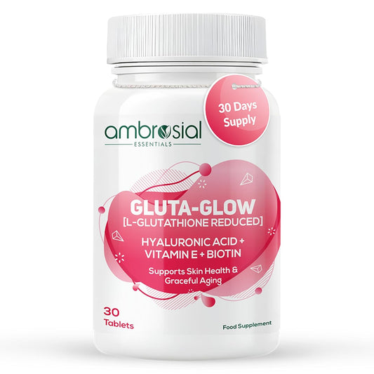 Ambrosial Gluta-Glow L-Glutathione 500mg Tablets with Vitamin C, Vitamin E, Hyaluronic Acid, Lycopene & Biotin â€“ Japanese L Glutathione Supplement â€“ 30 Vegan Tablets