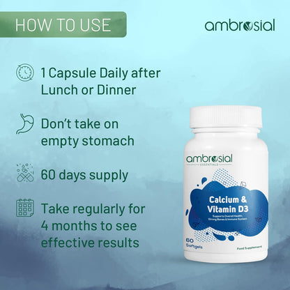 Ambrosial Calcium & Vitamin D3 tablets | High Potency Tablets for Women & Men | Calcium Supplements to Support Healthy Bones, Muscles & Teeths (Pack of 1-60 Softgels)