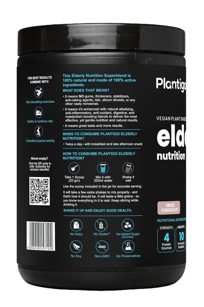 Plantigo Superior 51+ Plant Protein Powder for Seniors | Elders, Old Men & Women | No Sugar, Low Calories | Pea Protein, Oats | Heart Health & Muscle Recovery, Protein (Swiss Chocolate - 500g)