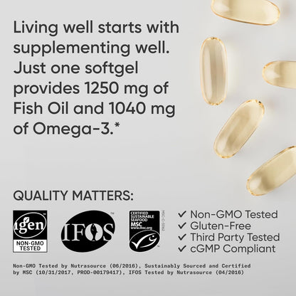 Sports ResearchÂ® Omega-3 Fish Oil 1250 - Triple Strength Fish Oil Supplement from Wild Alaska Pollock - MSC Certified Sustainable Â· Non-GMO Â· Soy Free - 90 Softgel Capsules
