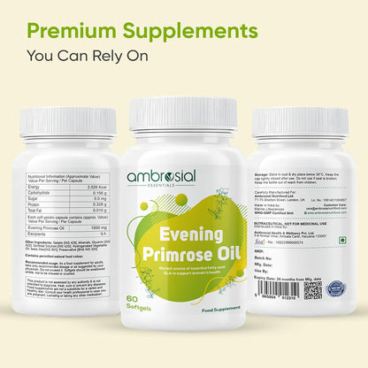 AMBROSIAL Evening Primrose Oil (EPO) 1000mg | 60 Capsules | Rich Source of Omega 6 & GLA | Non-GMO, Gluten Free | No Artificial Preservatives (Pack of 1-60 Softgels)