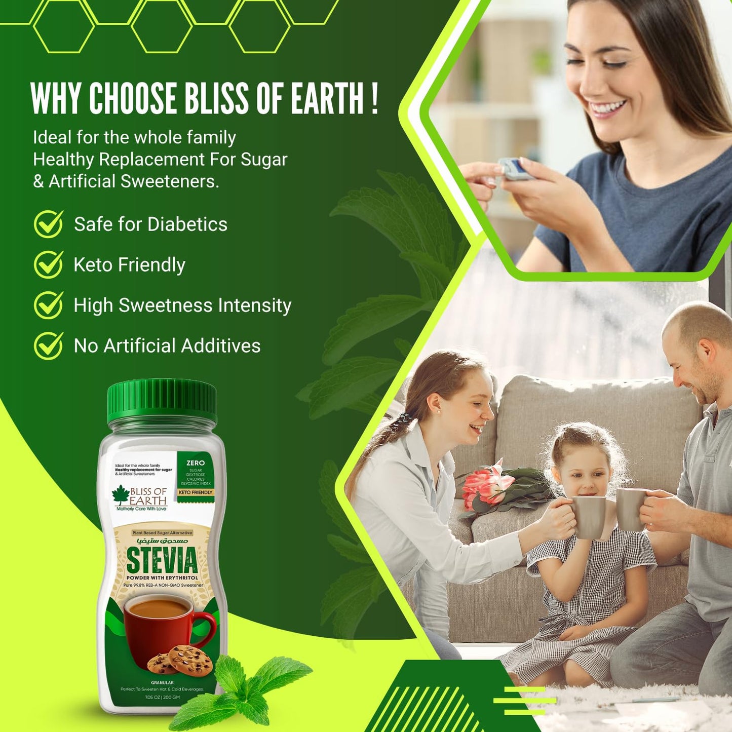 Bliss of Earth Stevia Powder, Organic Sugar Free Zero Calorie Sweetener Diabetic and Keto Friendly 99.8% Purity Vegetarian Gluten Free Quick Dissolve 200g Jar