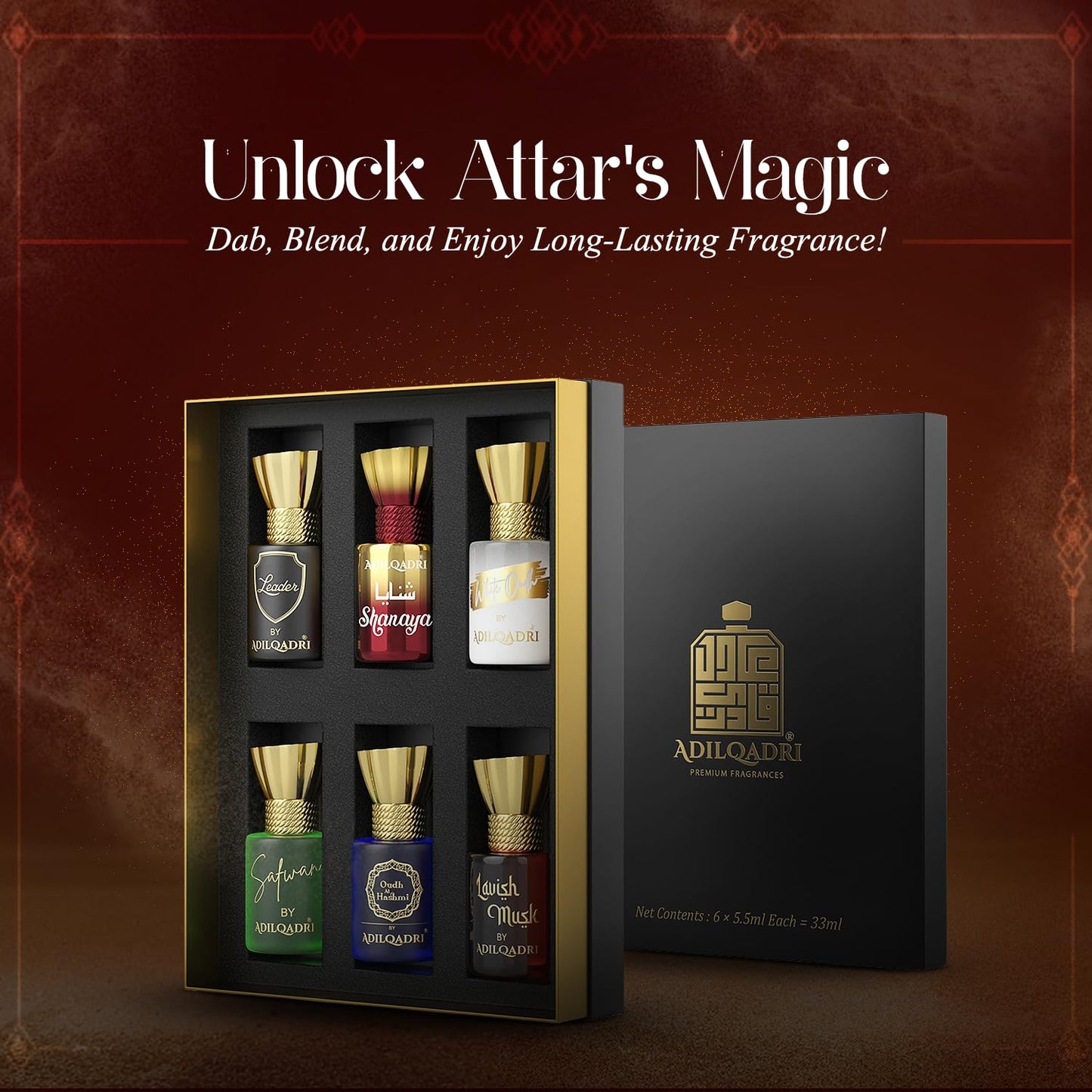 Adilqadri Assorted Luxury Attar Combo Perfume Gift Set for Men & Women (Pack of 6) â€“ Non-Alcoholic Roll-On attar Collection | Long-Lasting Fragrance Set | Gift Hamper for Him & Her | Ideal for Special Occasions | 5.5ml Each