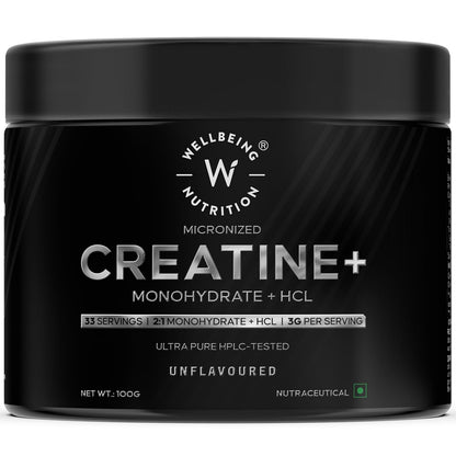 Wellbeing Nutrition 100% Pure Micronised Creatine Powder Monohydrate + HCL| Unflavoured |100g, 33 servings | Tested for Purity | For Muscle Strength & Recovery, Muscle Growth| For Men & Women