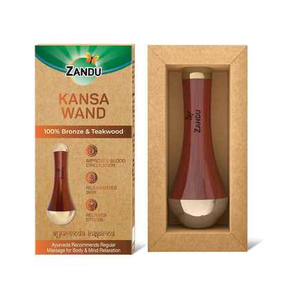 Zandu Ayurvedic Dual Sided Kansa Wand Massager | 100% Bronze & Teakwood handleâ€“ Portable Face, Neck, Body & Foot Massager | Promotes Relaxation & Improves Blood Circulation | Face Yoga Wellness Tool