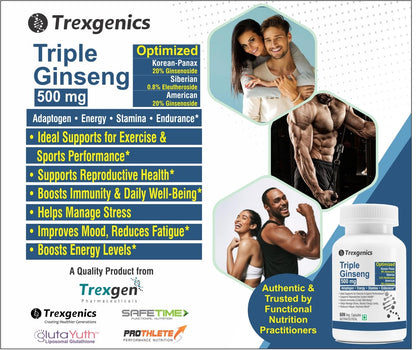 Trexgenics TRIPLE GINSENG 500 mg Optimized American, Siberian, Panax Ginseng Immunity, Energy, Performance (60 Veg. Capsules) (Pack of 1)