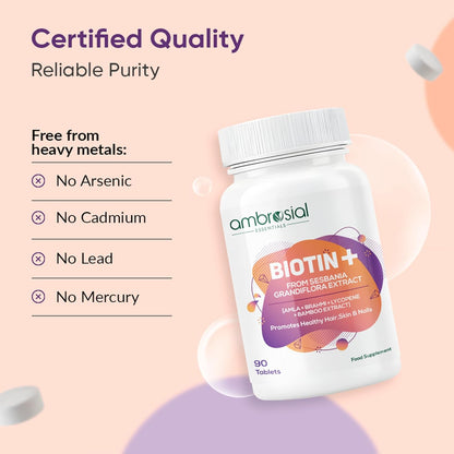 Ambrosial Biotin Tablets with Amla, Brahmi & Bamboo Extract | Plant-Based Biotin Supplement for Hair, Skin & Nails | Vegetarian Formula â€“ 90 Tablets