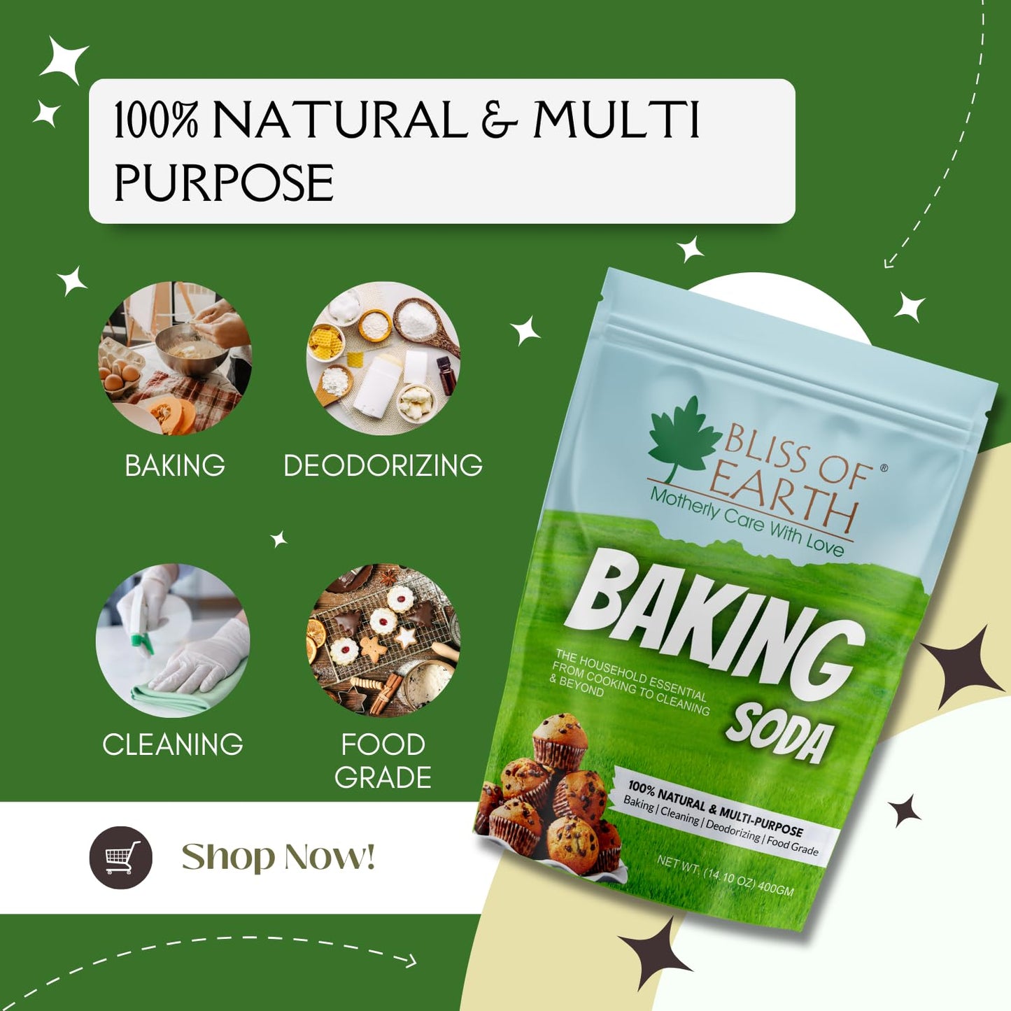 Bliss of Earth Baking Soda For Food & Cleaning Purpose, 400gm, Pure Sodium Bicarbonate for Baking, Cleaning, and Deodorizing, Food Grade, Non-GMO, Eco-Friendly