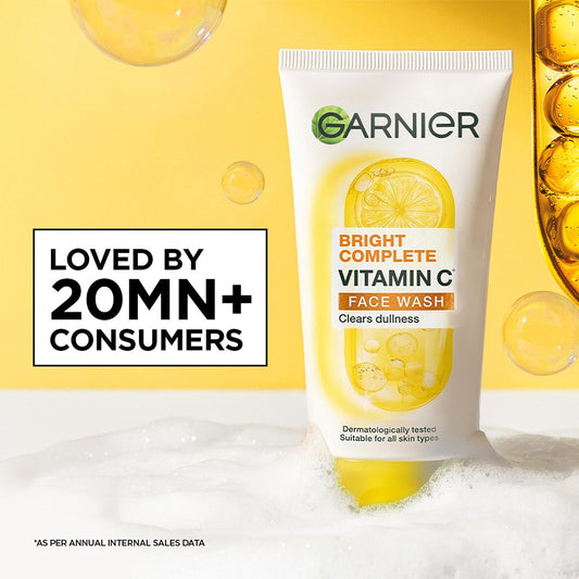 Garnier Bright Complete Vitamin C Face Wash - Vitamin C Face Wash For Brightening & Glowing Skin | Daily Cleanser Suitable For all Skin Types | Vit C Facewash for Women & Men, 160g