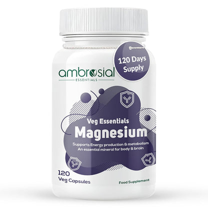 Ambrosial Magnesium Complex Food Supplement | Increases Muscle Functions | Reduces Tiredness | Boosts Energy Levels (Pack of 1-120 Capsules)