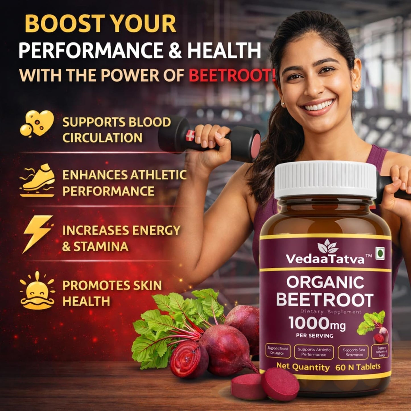 VedaaTatva Beetroot Tablets 60 Tablets 1000mg | Beetroot Tablet from Beta Vulgaris (Table Beet, Garden Beet, Red Beet) | Beetroot Powder Extract Supplement | Supports Blood Flow, Circulation & Hemoglobin | Natural Nitric Oxide Booster | Vegan