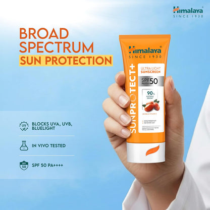 Himalaya Sun Protect+ Ultra Light Sunscreen | 90% Natural Origin Ingredients | In vivo tested SPF 50 PA++++ | Dermatologically tested for all skin types | No white cast | Sweat Resistant | 50g