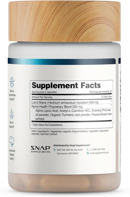 Snap Supplements Nerve Health Support with Lion's Mane, Organic Turmeric & Herbs â€“ Neuropathy Supplement for Mental Clarity, Focus & Healthy Nerve Function* â€“ 60 Capsules