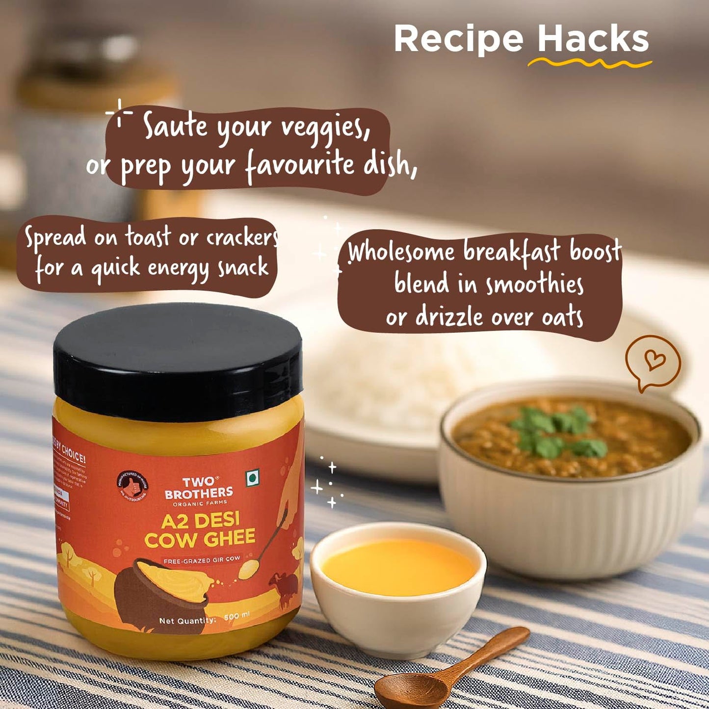 Two Brothers Organic Farms Desi Gir Cow Ghee (500ml) | Made with A2 Cow Milk | Grass-fed Gir Cows | Handcrafted in Small Batches