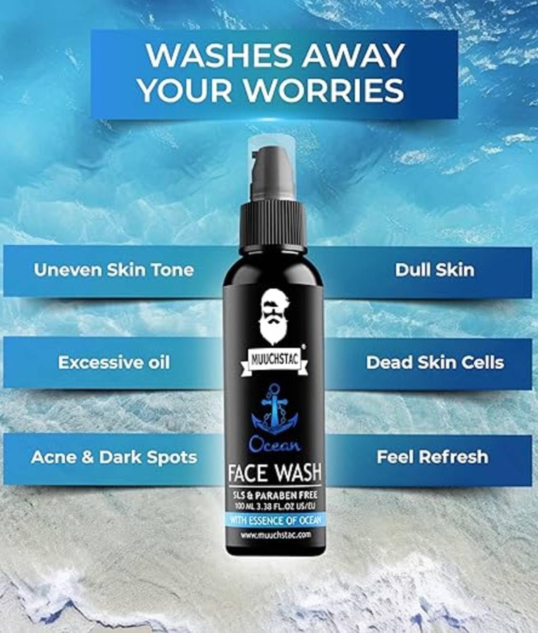 Muuchstac Ocean Face Wash for Men | Fight Acne & Pimples, Brighten Skin, Clears Dirt, Oil Control, Refreshing Feel - Multi-Action Formula (100 ml)