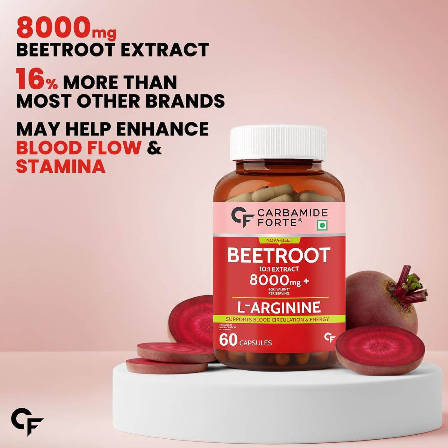 Carbamide Forte Beetroot Capsules Extract 8000mg | Beetroot Supplement With L-Arginine & Grape Seed Extract | Supports Healthy Blood Flow, Energy, & Nitric Oxide | 60 Capsules