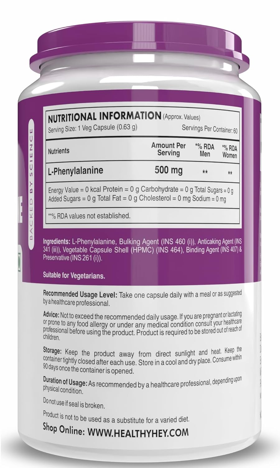HealthyHey Nutrition L-Phenylalanine 60 Vegetarian Capsules - Gluten Free - Non GMO