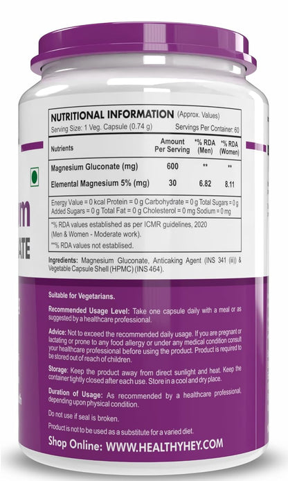 HealthyHey Nutrition Magnesium Gluconate - 600mg/serving - 60 Vegetable Capsules