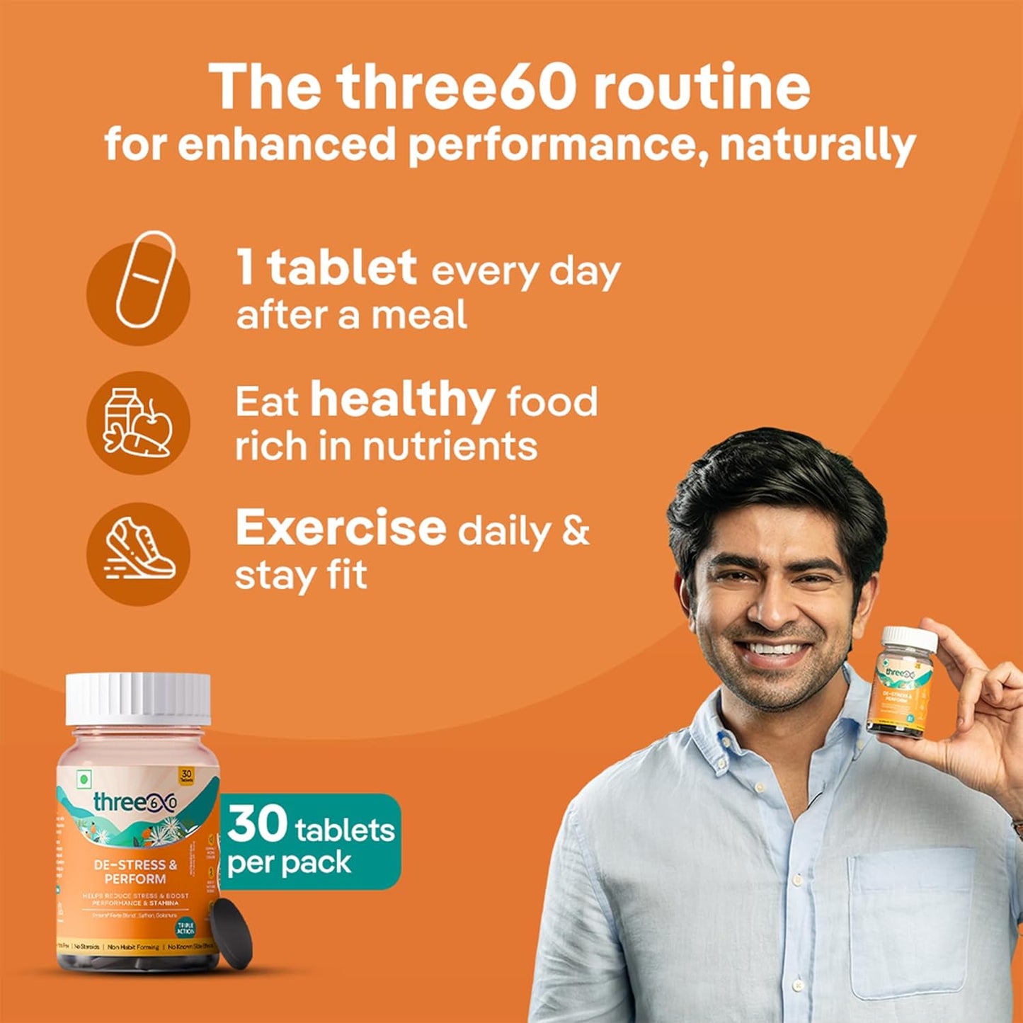 three60 DE-STRESS & PERFORM Tablets | Testosterone Supplement | Helps Boost Stamina | Helps Reduce Stress | SynuraÂ® Forte Blend, Saffron, Gokshura | No Steroid | Non Habit Forming | 30 Tablets