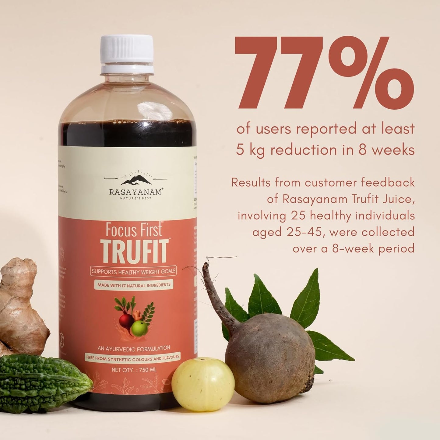 Rasayanam TruFit Juice 750 ml | 17 Herbs for Weight Management & Digestion | Kwath Method | No Sugar | Garcinia, Green Tea, Amla & Moringa | 100% Natural & Safe