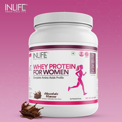 INLIFE Whey Protein Powder for Women | Ayurvedic Herbs, 23g Protein, 21 Vitamins Minerals, Omega 3 6, Digestive Enzymes, Hair Skin Nails 500g (500g, Chocolate)