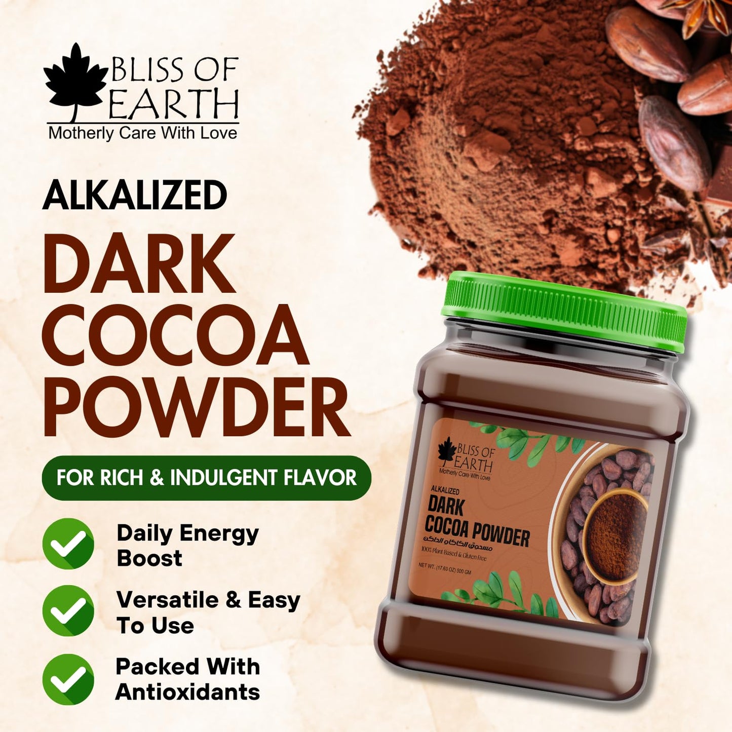Bliss of Earth 500gm Alkalized Dark Cocoa Powder for Chocolate Cake Making & Chocolate Hot Milk Shake, Unsweetened
