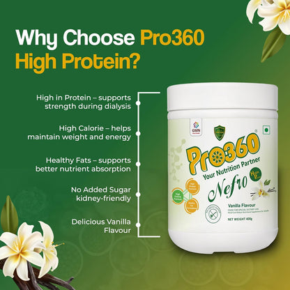 Pro360 Nefro HP Powder â€“ Vanilla Flavour, 400g â€“ High Protein Dialysis Care Nutritional Supplement for Renal Support â€“ Vanilla Protein Powder with L-Taurine, L-Carnitine & Essential Nutrients