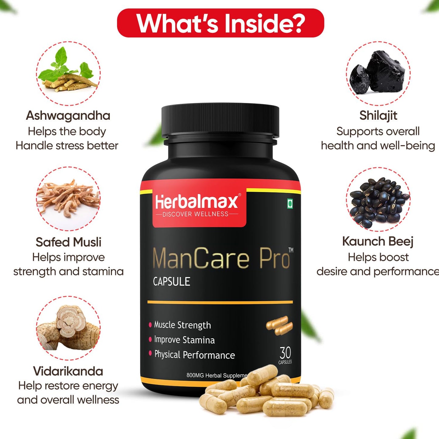 Herbalmax ManCare Pro Capsules â€“ 800mg | With Safed Musli, Shilajit, Ashwagandha, Vaidarikandra & Kaunch Beej Extract | Supports Muscle Strength, Stamina & Physical Performance â€“ 30 Capsules
