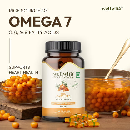 Wellwith by Ayuzera Sea Buckthorn Berry Oil Omega 7 500mg, 30 Veg HPMC Capsules, 15-Day Supply| Sea buckthorn Capsules rich In Omega 3, 6 & 9 help to keep the skin healthy| Dietary Supplements, 500mg Each