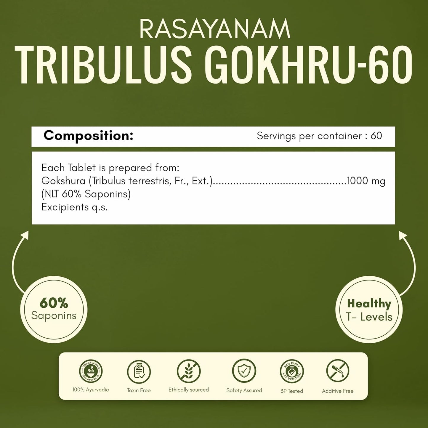 Rasayanam Gokshura Tablets 1000mg Gokhru per Serving, Highest Saponins 60%, Tribulus Terrestris for Men & Women | Improves Energy, Muscle Strength, Stamina & Supports Recovery - 60 Tablets