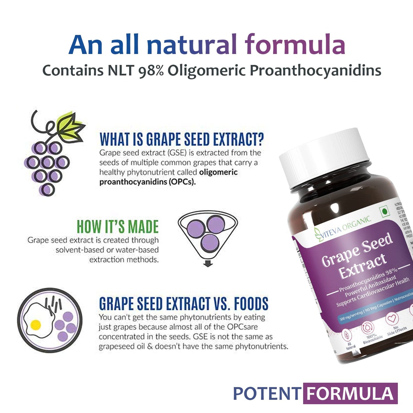 Viteva Organic Grape Seed Extract with 98% Polyphenols 500mg 90 Veg Capsules - Supports Healthy Cholesterol Levels & Immunity - Antioxidant Supplement to promote Healthy Hair & Skin