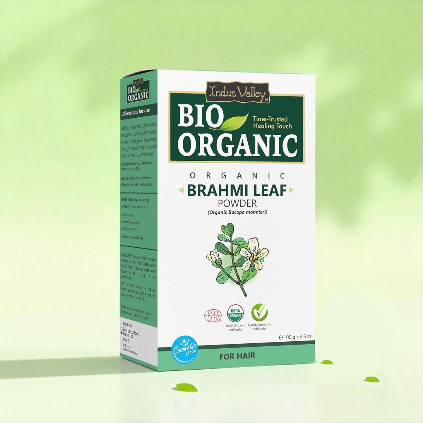INDUS VALLEY Brahmi Leaf Powder 100g | Natural Ayurvedic Herb for Brain Health, Memory, Focus & Hair Care | Pure Bacopa Monnieri Supplement