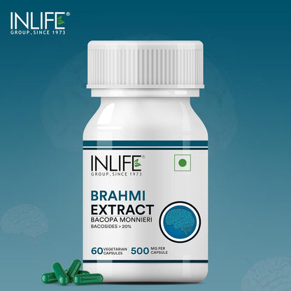 INLIFE Brahmi Capsules 500mg | Bacopa Monnieri Extract | Bacosides > 20% I Ayurvedic Herbal Supplement - 60 Vegetarian Capsules (Pack of 1)