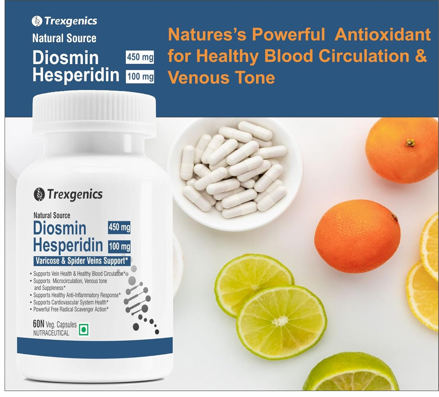 Trexgenics DIOSMIN 450mg, HESPERIDIN 100 mg Natural Source, Varicose, Spider Veins & Restless Leg Syndrome Support (60 Veg Capsules) (Pack of 1)