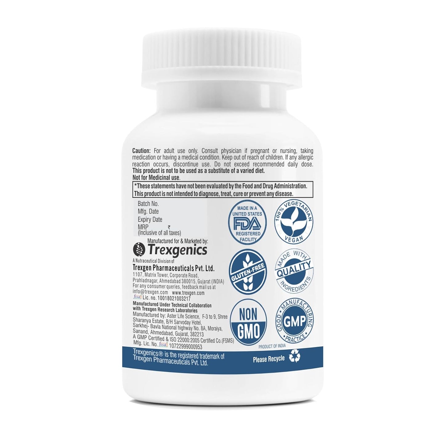 Trexgenics L-TAURINE 750 mg Nervous System, Energy, Heart, Cardiovascular system, Brain, Eye Health Support (60 Vcaps) (Pack of 1)