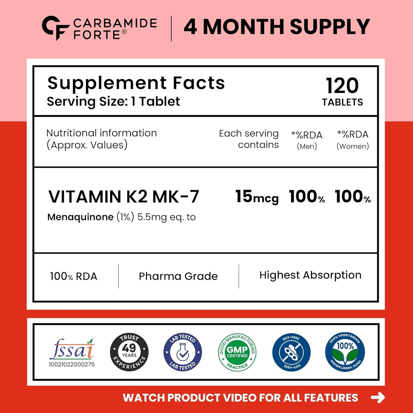 Carbamide Forte Vitamin K2 MK7 55 mcg | MK7 Form for Better Calcium Utilization | Vitamin K2 supplement to Support Strong Bones & Heart Health for Men & Women | 120 Vegetarian Tablets