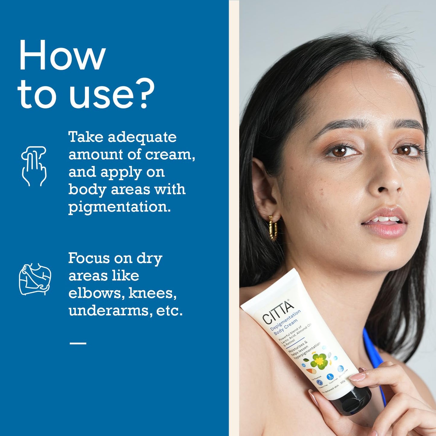 CITTA Depigmentation Body Cream with Retinol, Lactic Acid & Almond Oil â€“ Reduces Tan, Pigmentation & Evens Skin Tone â€“ Treats Dark Patches on Elbows, Knees, Neck & Thighs â€“ For Men & Women â€“ 50g