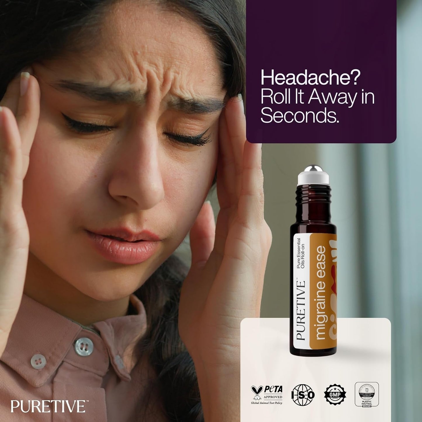Puretive Headache Migraine Fast Relief Roll-On Sinus Advanced Pain Remedy Ayurvedic Natural Herbal Remedy with Peppermint Eucalyptus Camphor Wintergreen Arnica Essential Oils Metal Roller Ayush Certified Non Greasy Travel Friendly Roller 10ml